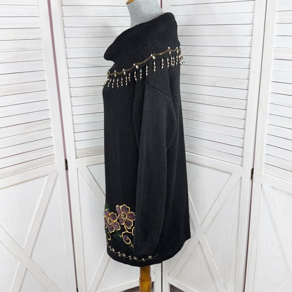Vintage Victoria Jones 90s Floral Beaded Cowl Neck Tunic Sweater Black Medium - Picture 2 of 11